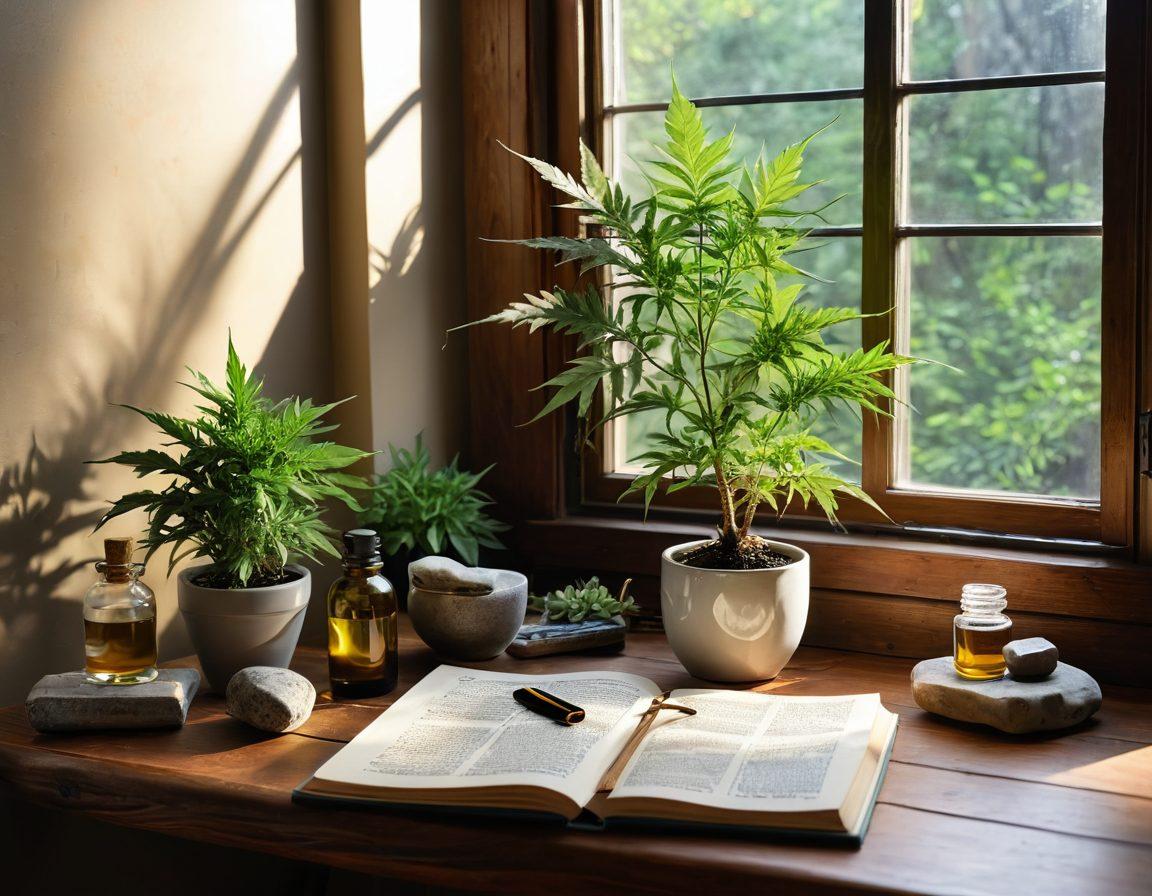 A tranquil indoor setting featuring a cozy reading nook with a vibrant green cannabis plant in the corner. On a rustic wooden table, there are various tools for health like essential oil bottles, herbal teas, and a journal. Soft sunlight filters through the window, casting gentle shadows, while calming nature elements like stones and succulents are subtly included. This scene beautifully captures a holistic lifestyle focusing on wellness and healing using cannabis. super-realistic. vibrant colors. soft lighting.