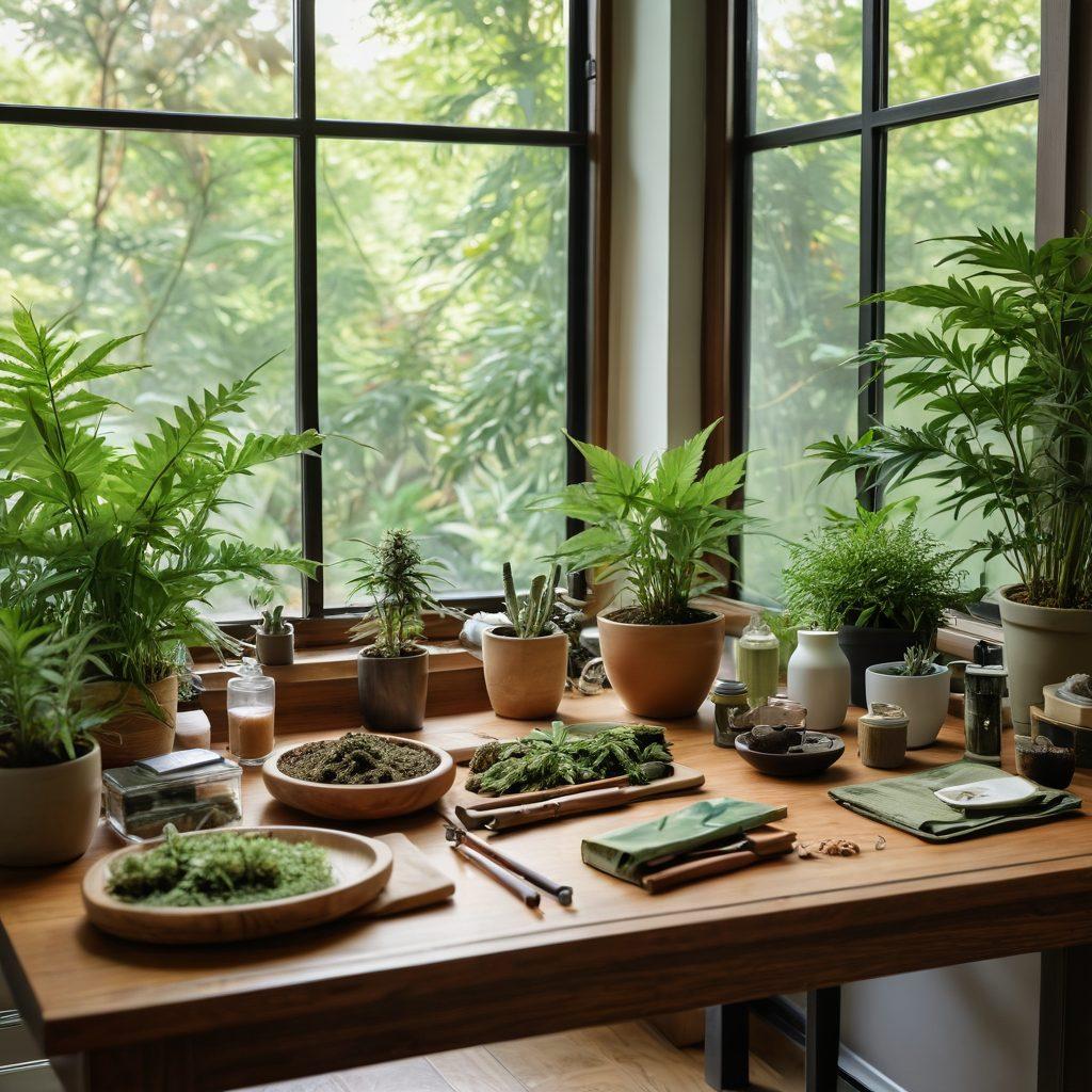A serene, inviting room filled with various cannabis smoking tools elegantly displayed on a wooden table, surrounded by lush green plants that symbolize wellness and healing. Soft natural light filtering through a window, enhancing the calming atmosphere. In the background, a patient comfortably lounging, engaged in a peaceful moment of self-care. Incorporate a warm color palette to evoke a sense of tranquility. super-realistic. vibrant colors.