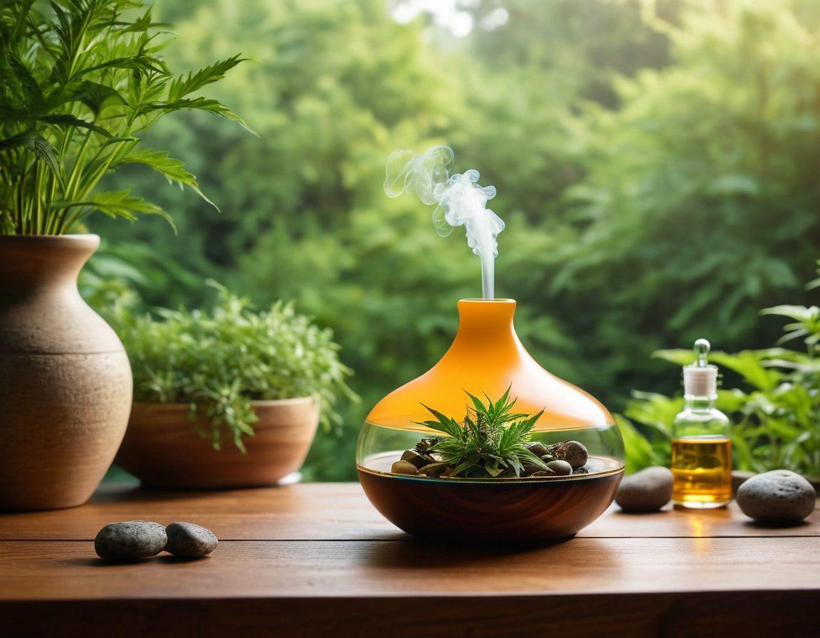 An inviting and serene setting featuring a beautifully designed therapeutic bong and a sleek cannabis vaporizer on a wooden table, surrounded by lush green plants. Soft, ambient light casting a warm glow, highlighting the intricate details of the bongs and vaporizers. Incorporate elements of nature, such as stones and herbs, to symbolize wellness and healing. The background showcases a peaceful landscape with gentle rolling hills. super-realistic. vibrant colors. warm tones.
